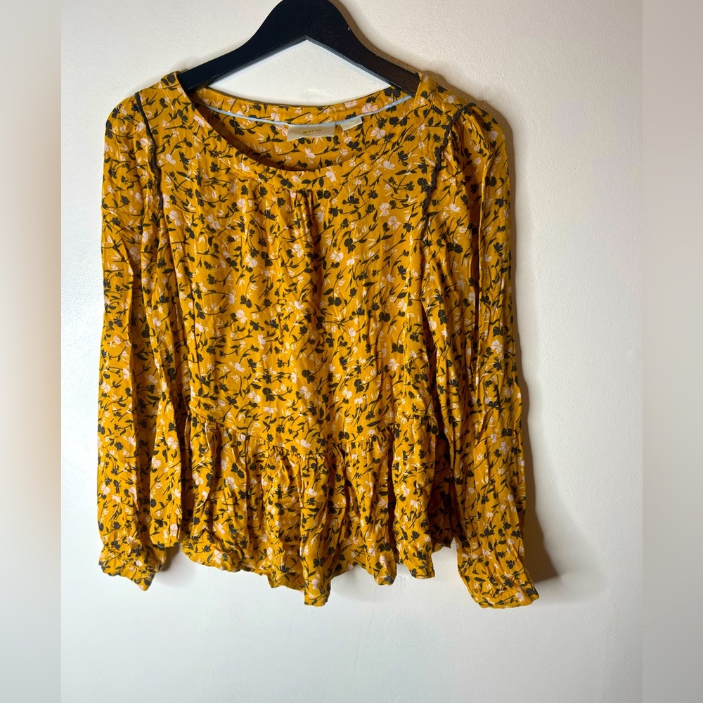 Maeve Anthropologie Yellow Ditsy Floral Peplum Blouse